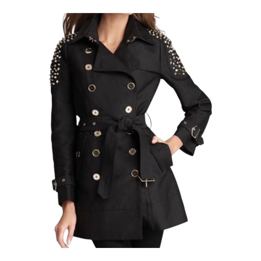 Sam Edelman Size M Double Breasted Trench Coat Black Embellished Studded Edgy